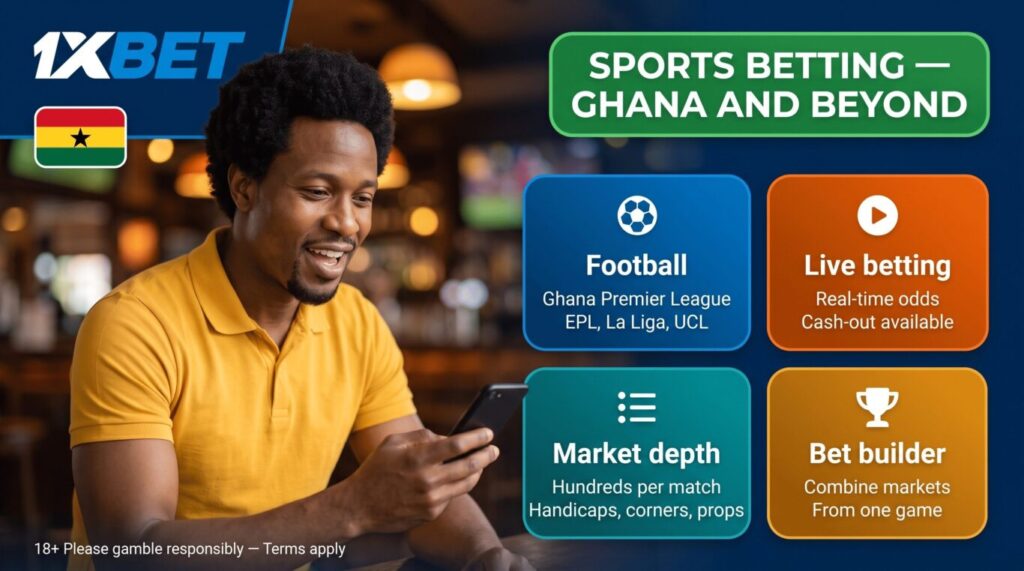 1xBet Ghana sports betting: Ghana Premier League, EPL, live odds, cash-out and bet builder