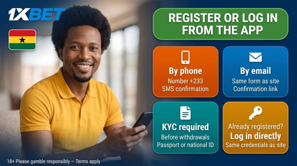 1xBet iPhone Ghana: register or log in on iOS app, phone number or email, KYC before withdrawal