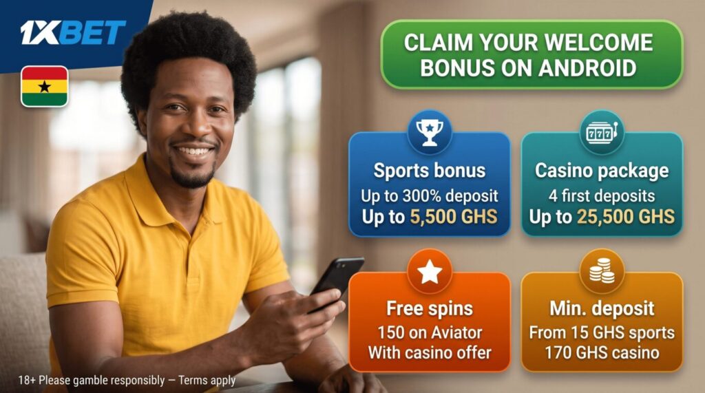 1xBet welcome bonus Ghana Android app: sports bonus up to 5,500 GHS or casino up to 25,500 GHS